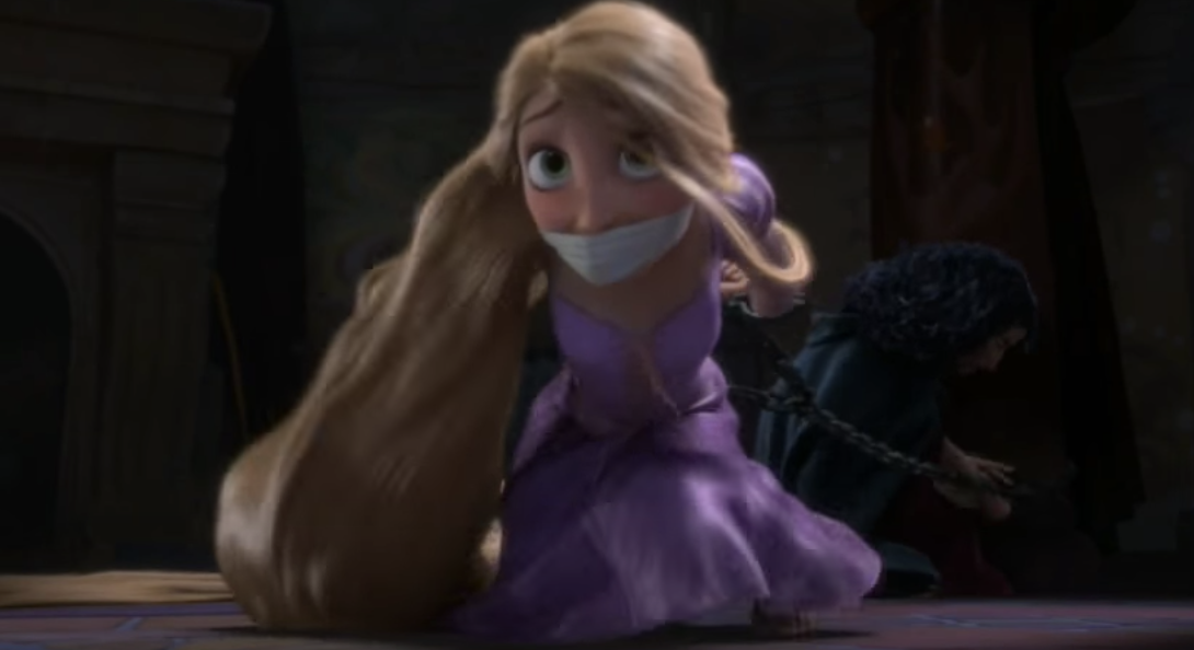 Rapunzel chained up with a cloth over her mouth
