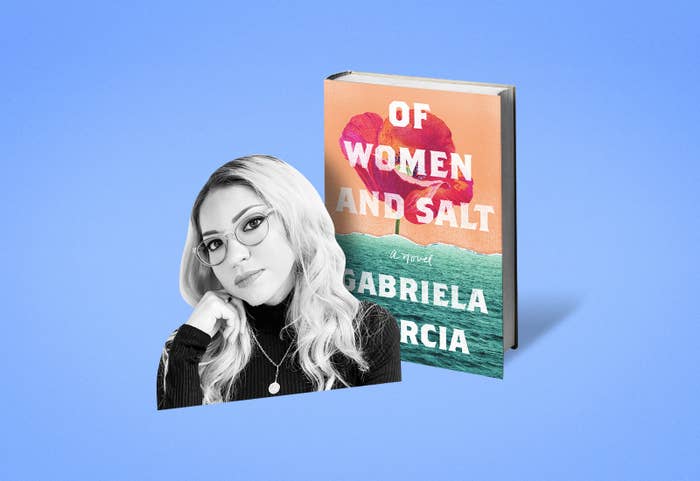 Black and white cutout of Gabriela Garcia&#x27;s headshot, placed in front of her book, &quot;Of Women and Salt.&quot;