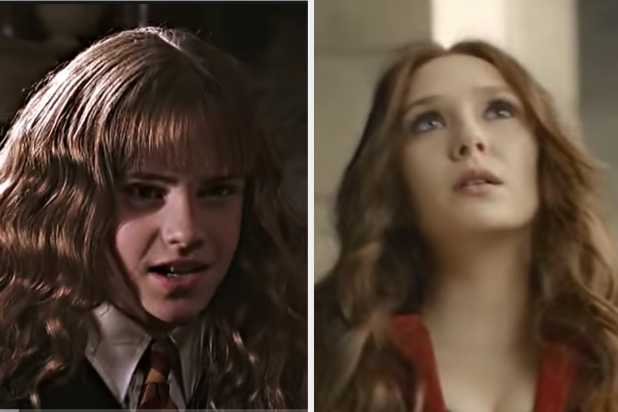 Hermione Granger is on the left looking concerned with Scarlet Witch on the right looking up