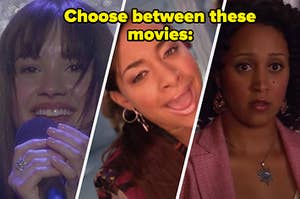 Demi Lovato, Raven Symone, Tamera Mowry are posing with a label that reads: "Choose between these movies:"