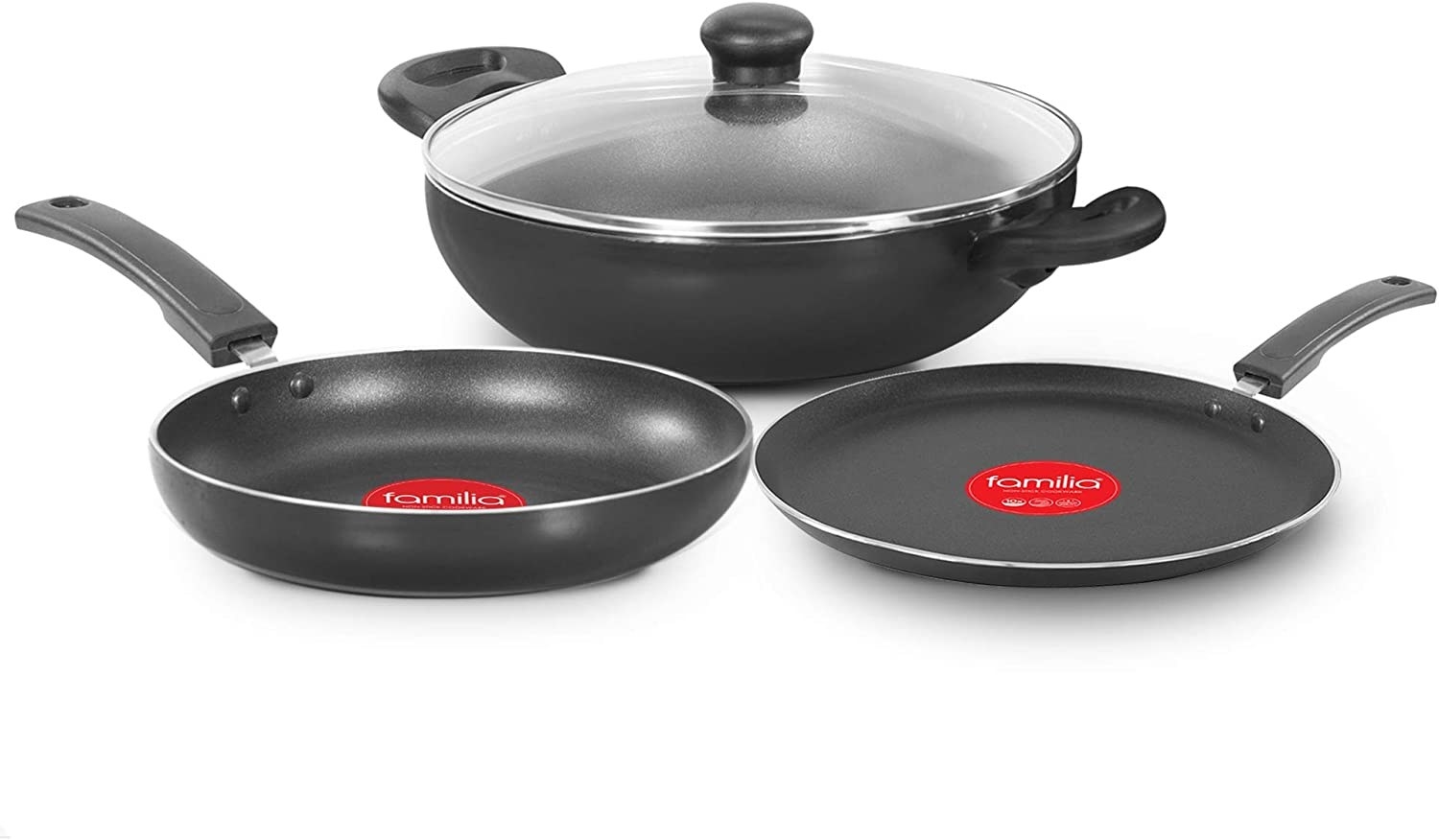 A nonstick cookware set. It includes two pans and a kadhaai.