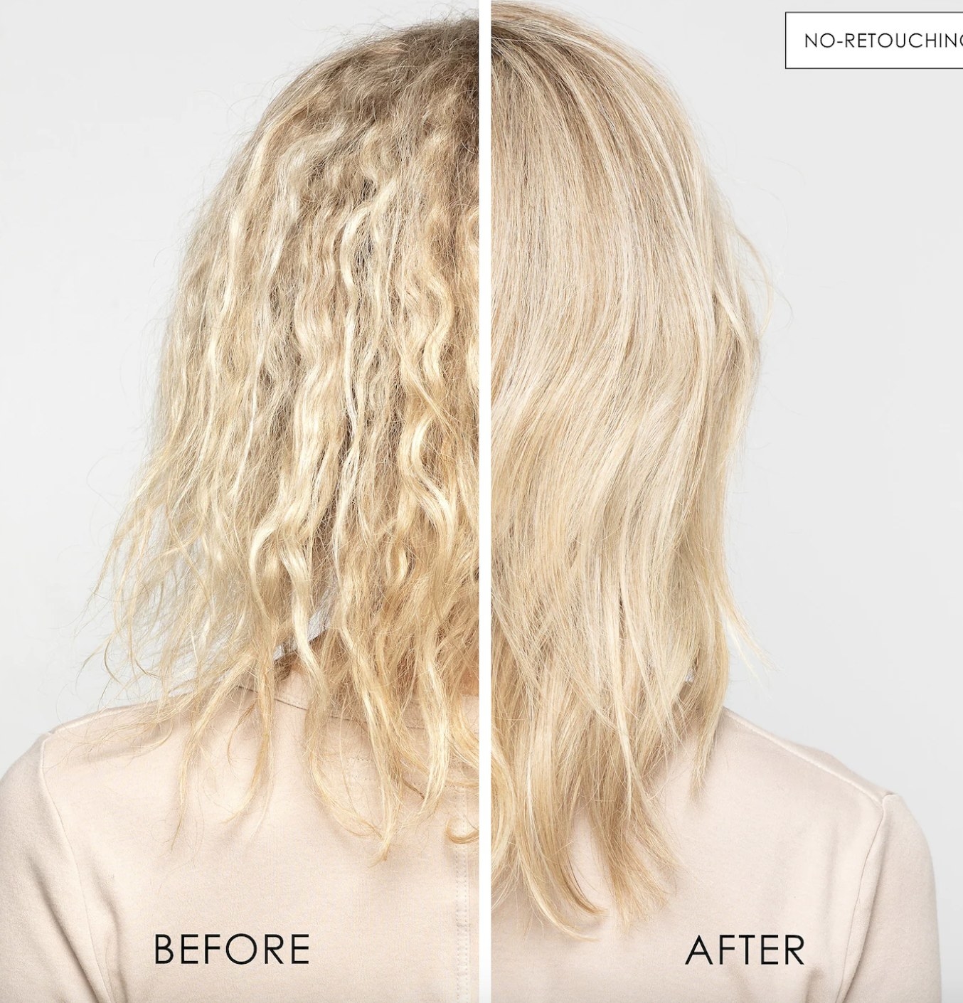 on the left a model&#x27;s blonde damaged hair before the treatment, on the right the same model after the treatment with smoother hair