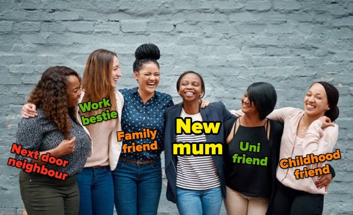 Six women stand in a row hugging one another. They each have a label on them including: next-door neighbour, work bestie, family friend, new mum, uni friend, and childhood friend.