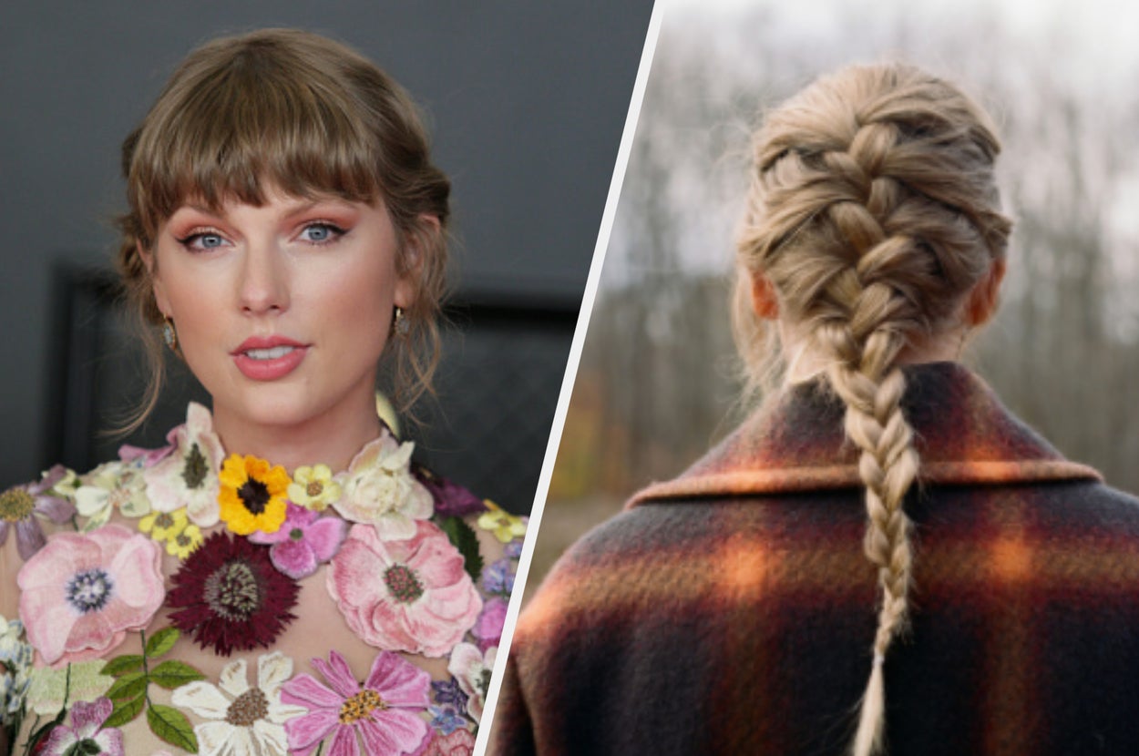 Taylor Swift wears a floral gown and poses on the red carpet of the Grammy Awards and the back of Taylor Swift's head with her hair in a French braid and she's wearing a plaid jacket.