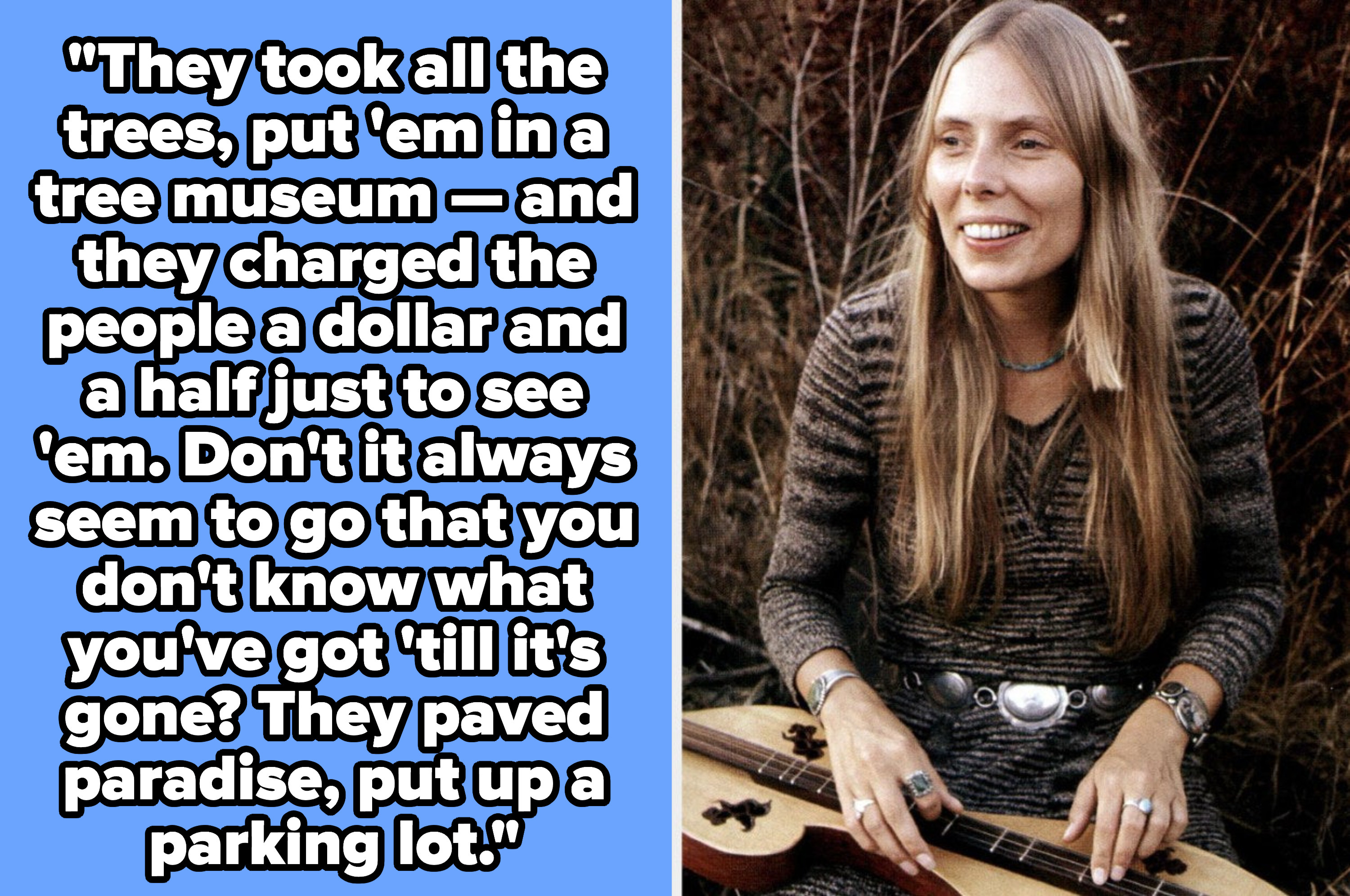 Joni Mitchell lyrics: &quot;They took all the trees, put &#x27;em in a tree museum — and they charged the people a dollar and a half just to see &#x27;em. Don&#x27;t it always seem to go that you don&#x27;t know what you&#x27;ve got &#x27;till it&#x27;s gone?&quot;