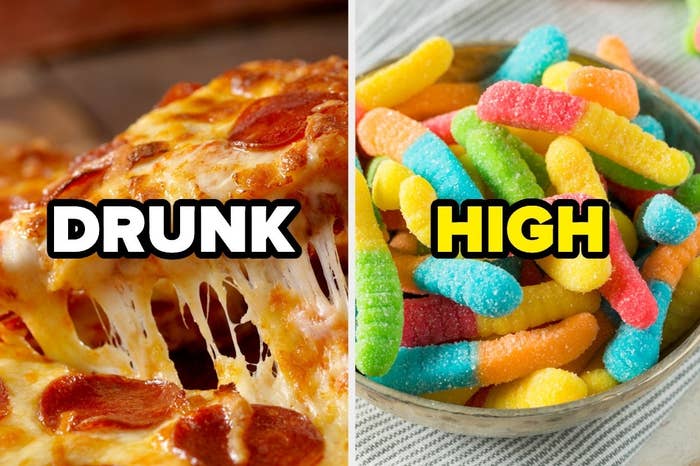 Pepperoni pizza with the word &quot;Drunk&quot; and gummy worms with the word &quot;high&quot; 