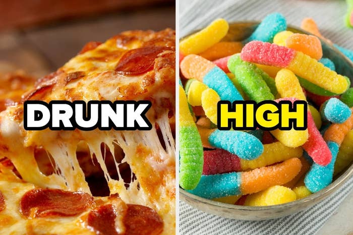 Pepperoni pizza with the word "Drunk" and gummy worms with the word "high"