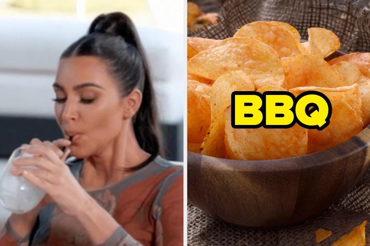 On the left, Kim Kardashian sipping a smoothie with a straw, and on the right, a bowl of chips labeled &quot;BBQ&quot; 