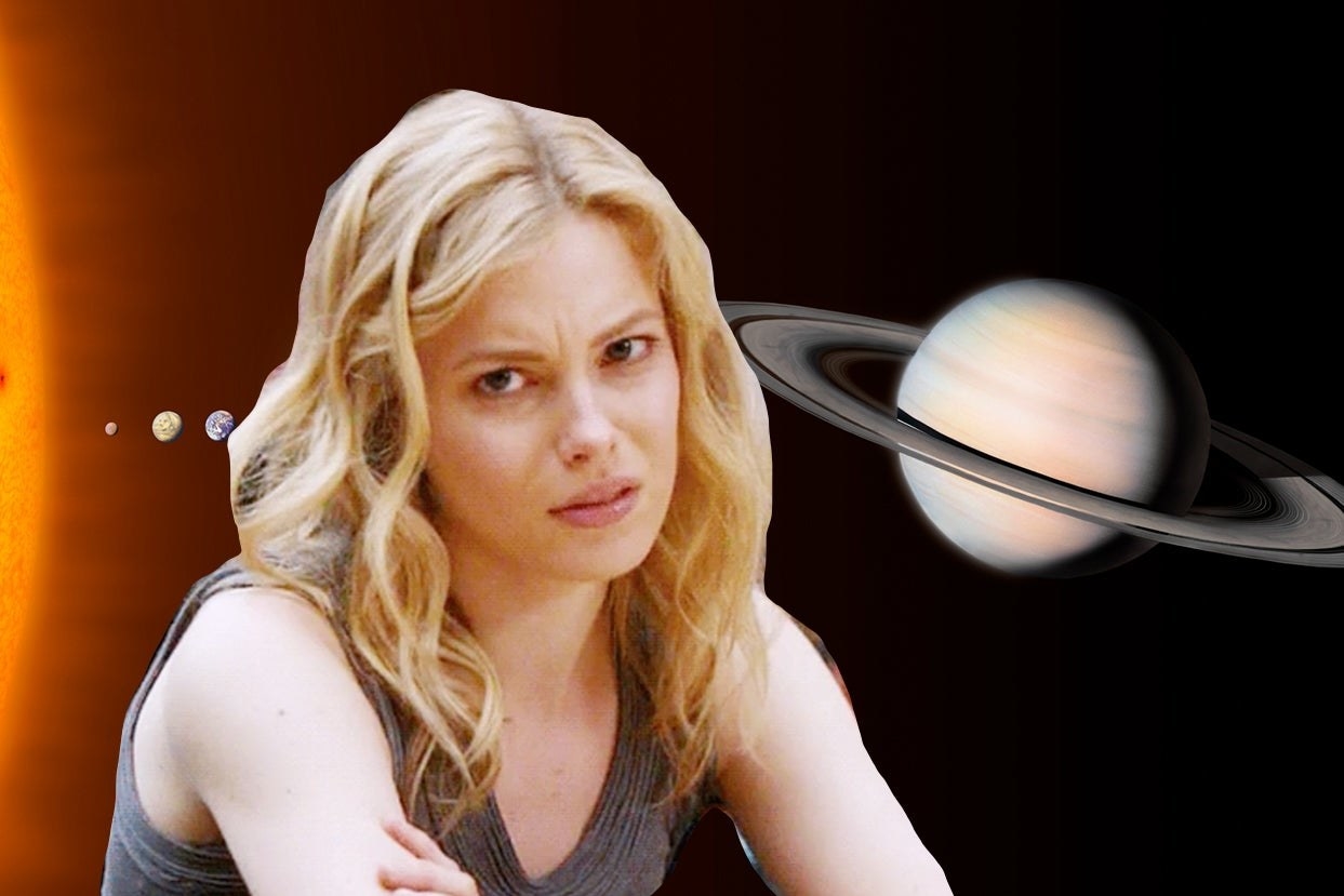 Britta from &quot;Community looking annoyed and the planets behind her 