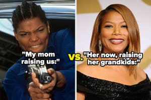 Queen Latifah holding a gun with text reading, "My mom raising us" and Queen Latifah looking serene and happy on the red carpet with text reading "VS her now, raising her grandkids"
