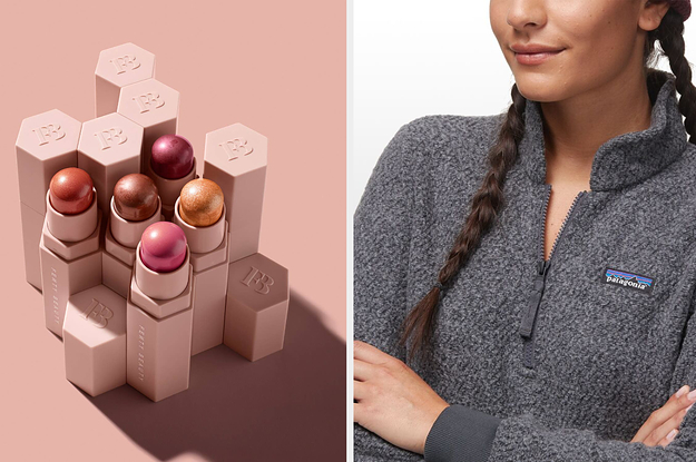 Fenty makeup highlighters, model wearing a Patagonia fleece pullover