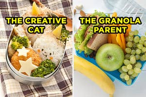 在左边，一个鸡蛋盒，米饭球，拿起小面，鸡肉和西兰花标有“创造性的猫”，右边，一个带有三明治，苹果，葡萄，甜椒和香蕉的午餐盒标记为“格兰诺拉麦片父母”