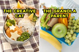 On the left, a benton box with rice balls with little faces drawn on them, chicken, and broccoli labeled "the creative cat," and on the right, a lunch box with a sandwich, apple, grapes, bell peppers, and a banana labeled "the granola parent"