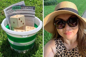 bucket full of oversized dice and Yardzee directions; reviewer wearing wide-brim straw hat with black ribbon