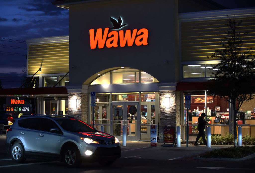 Exterior of Wawa shop at night