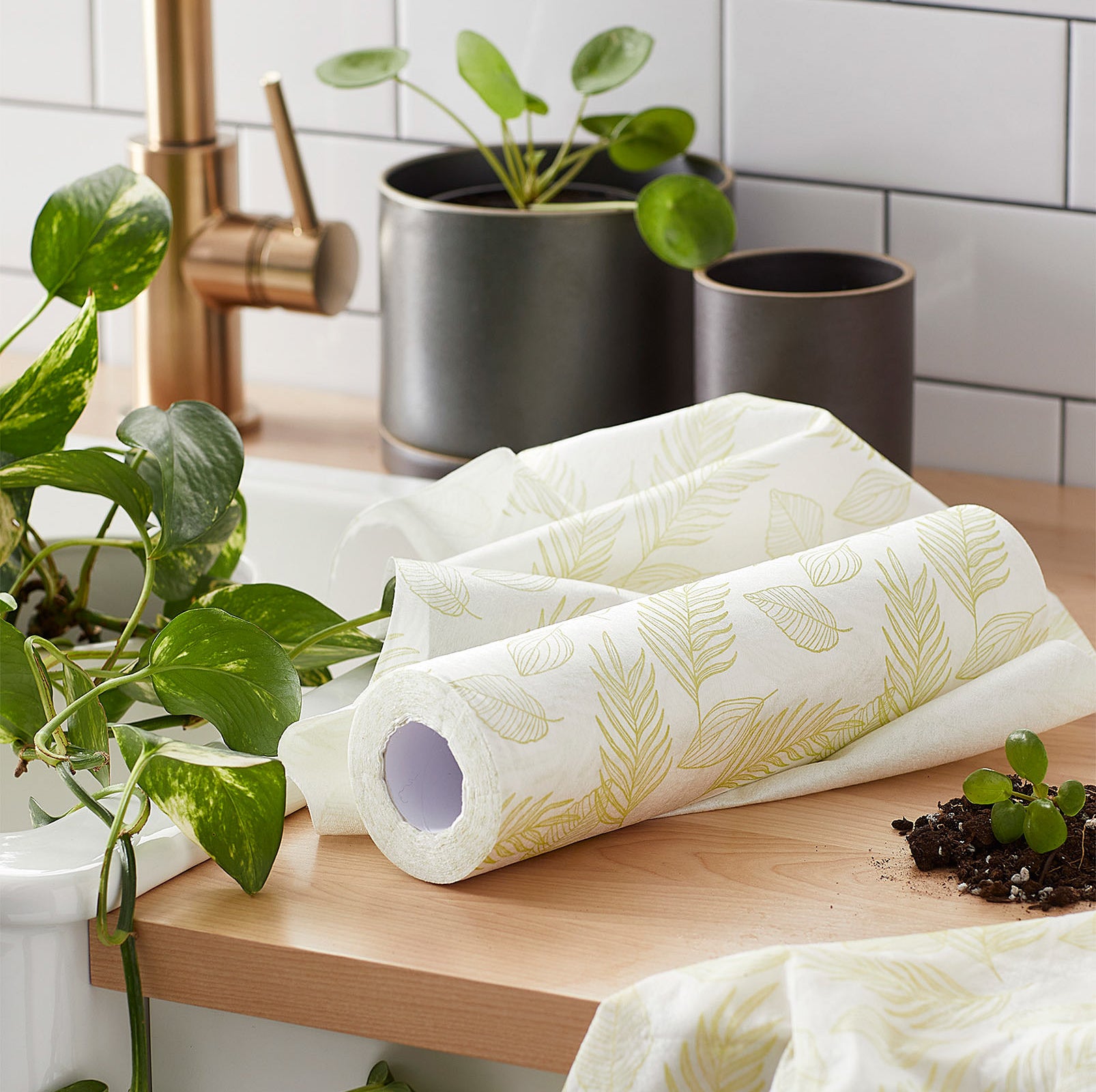 A roll of bamboo paper towels on a kitchen counter