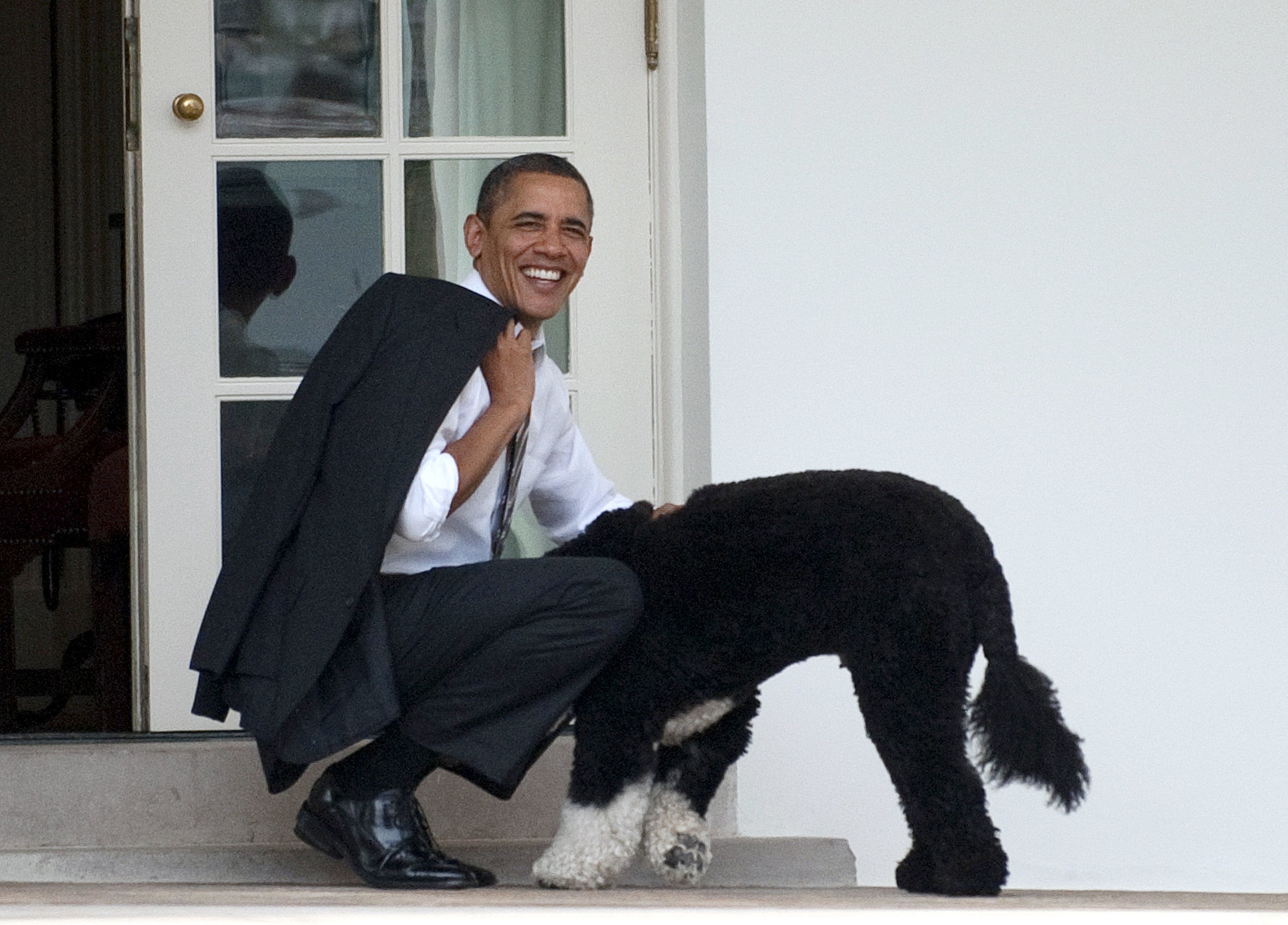 President Obama smiling as he kneels down to greet Bo