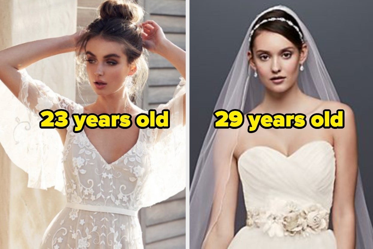 Two women wearing wedding dresses and the words &quot;23 years old&quot; and &quot;29 years old&quot; on top 