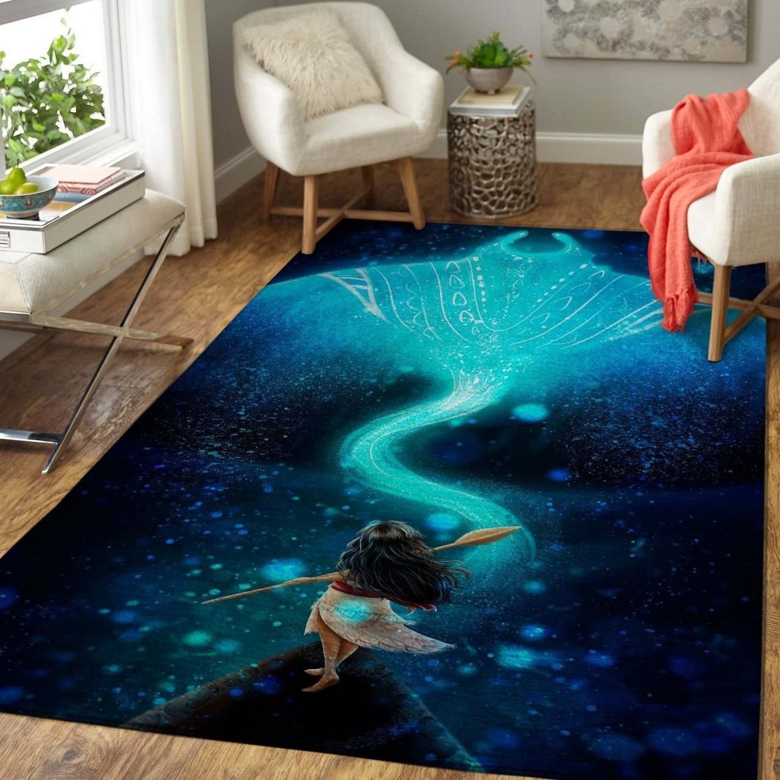 3D地毯与图像莫阿娜站在她的船在海洋中，她的祖母黄貂鱼精神在水里发光