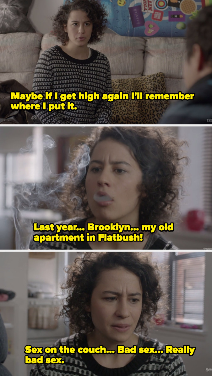 Ilana smoking to remember where her TV remote is located