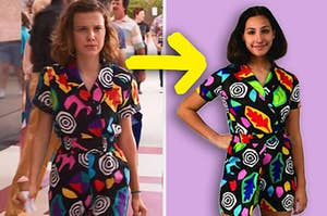 Eleven in a '90s inspired jumpsuit with wild patterns on it next to a girl wearing the same thing