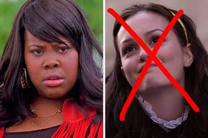On the left, Mercedes from "Glee," and on the right, Blair from "Gossip Girl" with an "x" drawn over her face