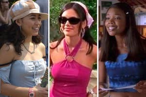 Manny Santos from Degrassi with a off the shoulder peasant blouse and multicolored newsboy hat, Summer from The OC with a halter top, tiny sunglasses, and bandana in her hair, and Isis from Bring it on with a clip in her hair and a tie dye crop top