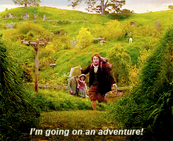 A hobbit running and saying &quot;I&#x27;m going on an adventure&quot;