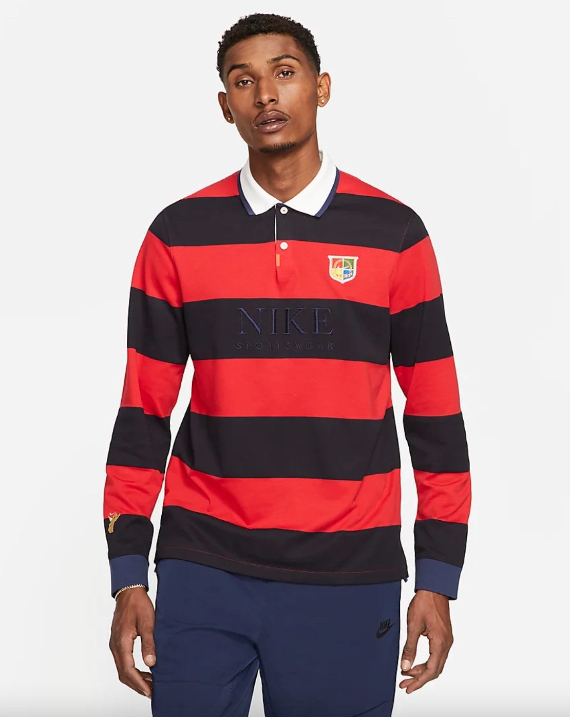 The long-sleeve polo shirt in red and black stripe with a white collar