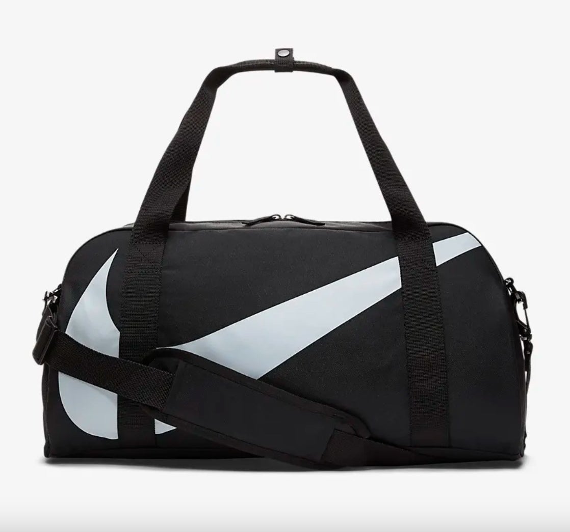 The gym bag in black with a white swoosh