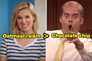 "oatmeal raisin > chocolate chip" over cringing man and woman