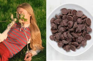 a girl laying in a field with a flower on her face on the left and a bowl of chocolate chips on the right
