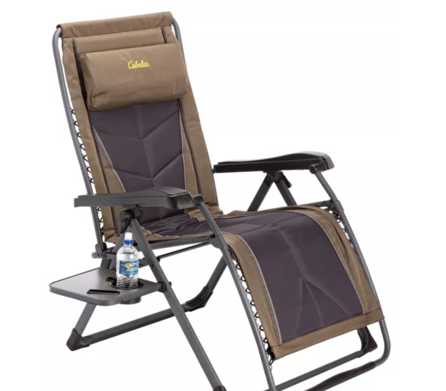 The reclining chair which has a side tray with a cup holder