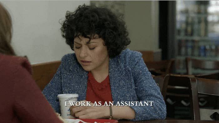 a woman saying, &quot;i work as an assistant&quot;