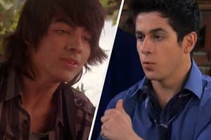 Joe Jonas is on the left facing Justin from "Wizards of Waverly Place"