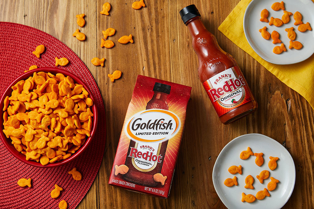 Frank&#x27;s RedHot Goldfish on several plates and bowls