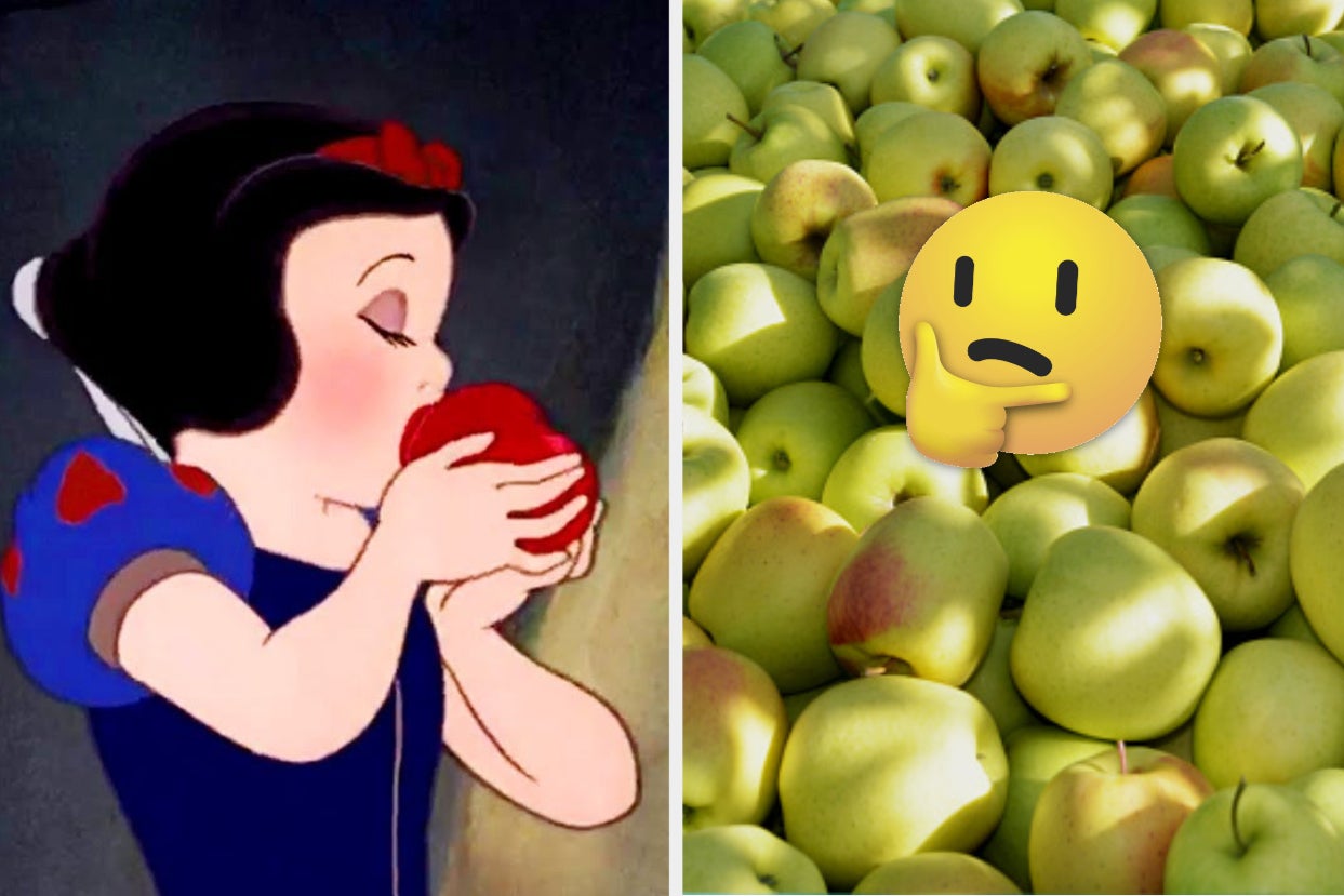 Snow White is on the left eating an apple with a bucket of apples on the right and a think face emoji