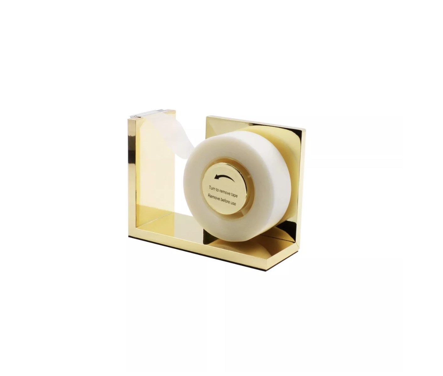 The shiny gold tape dispenser has &quot;Turn to remove tape&quot; and &quot;Remove before use&quot; on the center