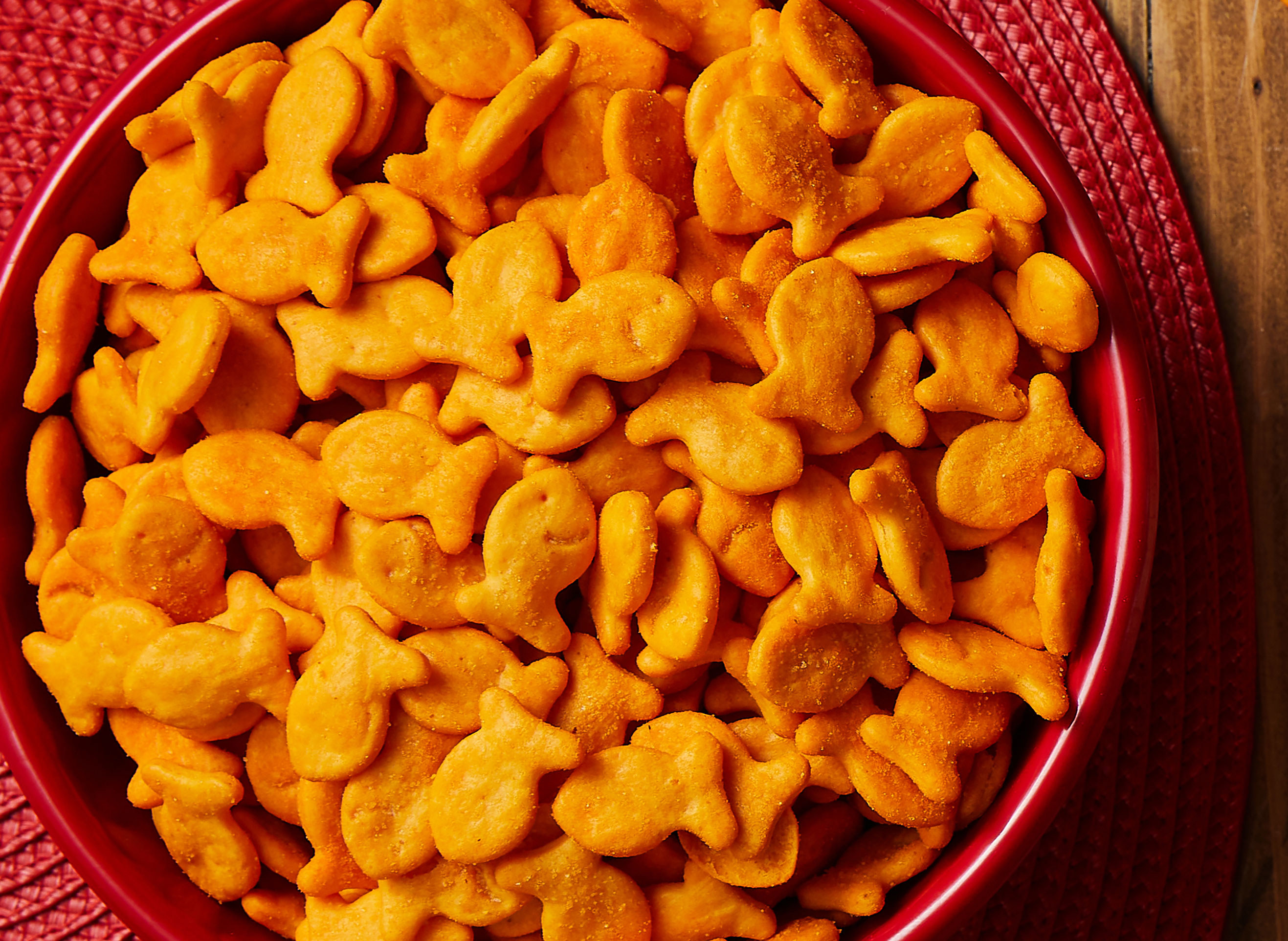 An even more close-up shot of the bowl of Goldfish