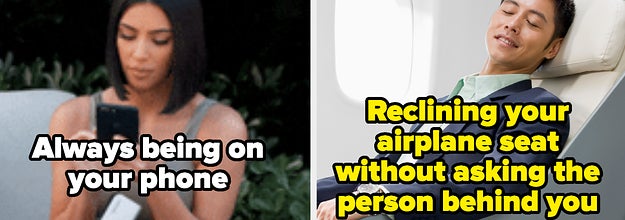 Kim Kardashian using her phone and a man reclining his airplane seat back