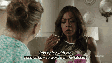 Gif of someone saying, &quot;Don&#x27;t play with me I knows how to work it in the kitchen&quot;