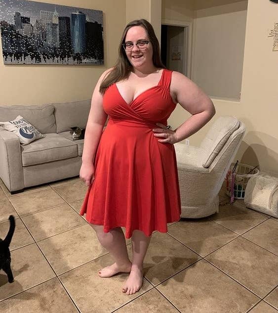 Reviewer wearing the dress in burnt orange