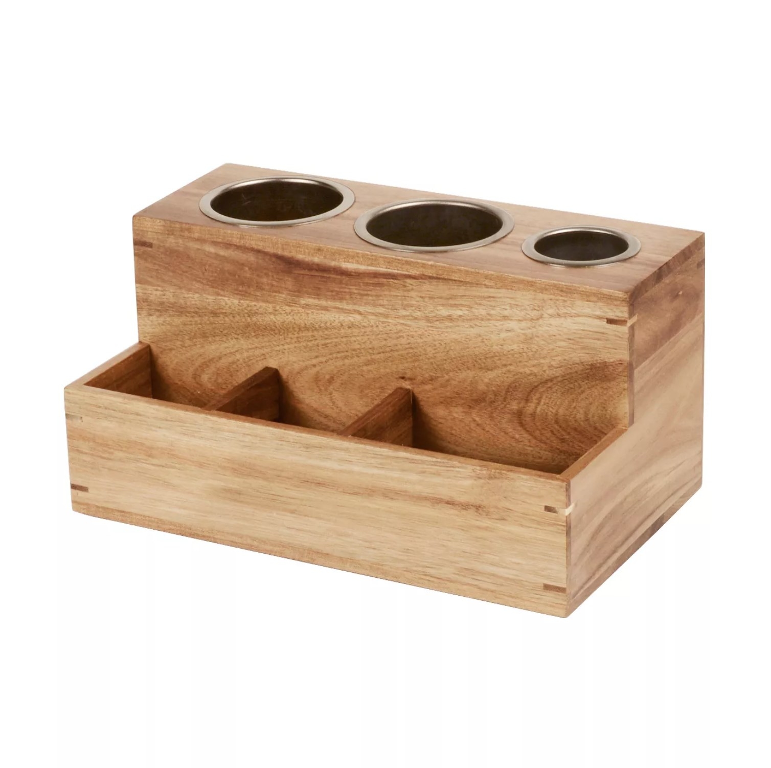 the wood organizer with three holes for tools 