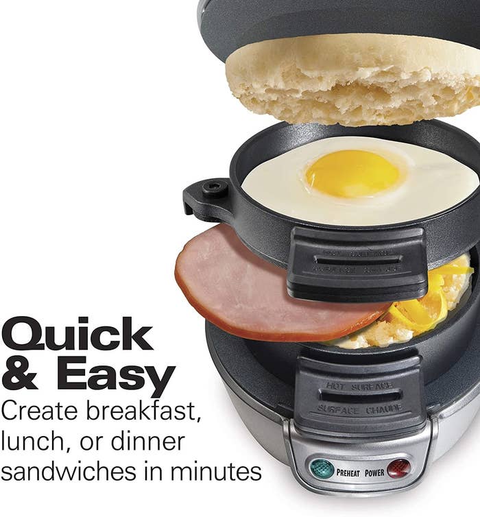 The silver tone sandwich maker with text &quot;quick and easy, create breakfast lunch or dinner sandwiches in minutes&quot;