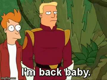 A gif of Bender from Futurama saying I&#x27;m back baby while smoking a cigar