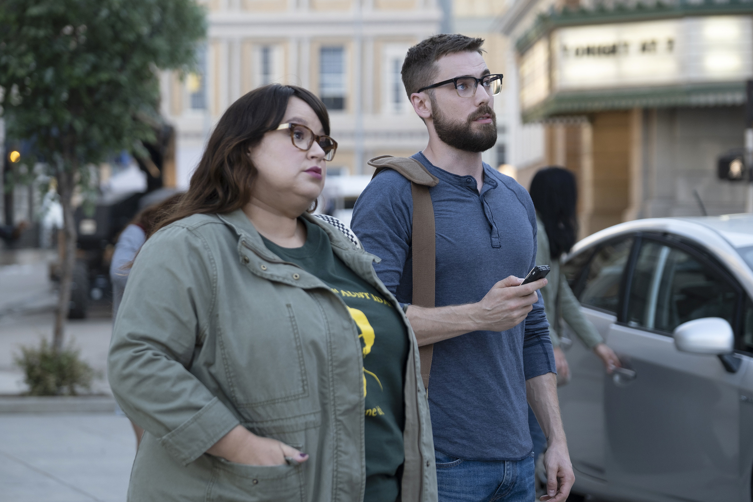 Dustin Milligan and Jana Schmieding in Rutherford Falls