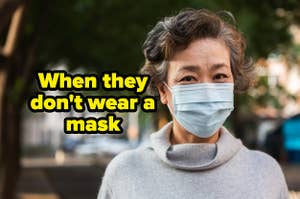 an elderly woman wearing a face mask with the text
