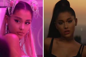 Ariana Grande is on the left wearing a crown and on the right wearing a ponytail