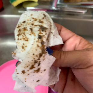Reviewer holding a paper towel after wiping the visible muck washed out of the machine