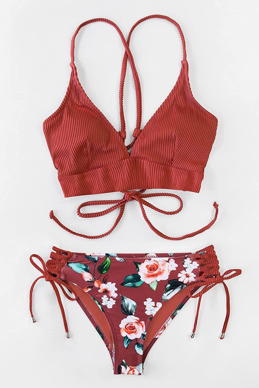 the red bikini top and floral bottom